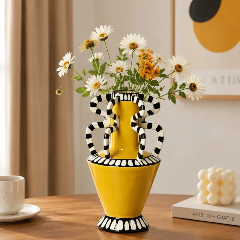 Faux Ceramic Hand Painted Vase With Handle Vintage Floral Tabletop Ornament For Living Room Entryway Shelf Home Decor Gift