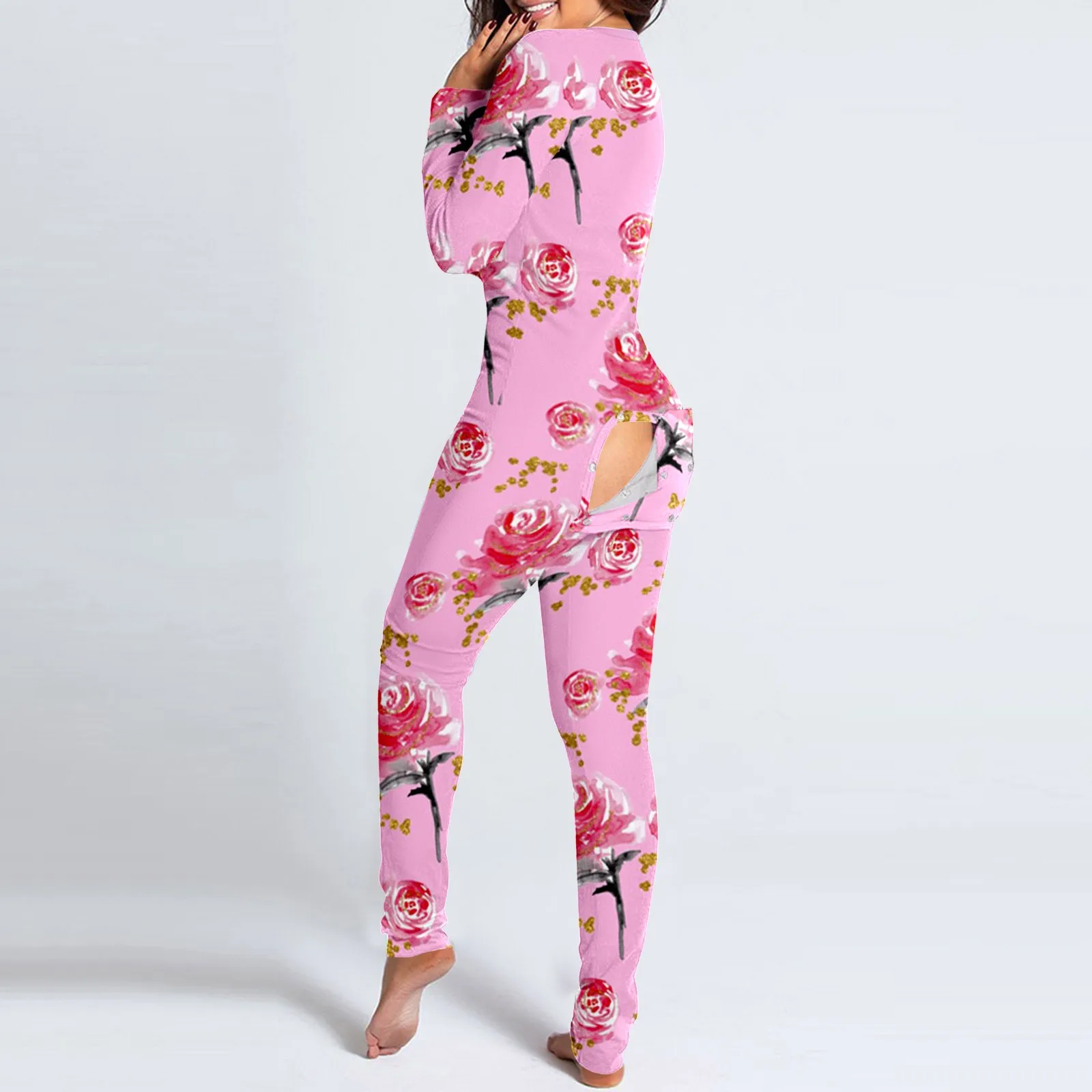 Womens Buttoned Flap Functional Onesies Pyjamas Button Down Jumpsuit Love Print Functional Buttoned Flap Adult Onesie Jumpsuits