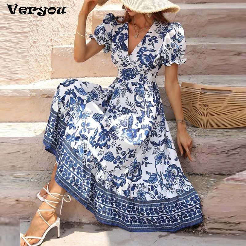 

Boho Clothing Women's Midi Dress Short Sleeve Floral Print Elegant Long Dresses for Women 2023 V-neck Casual Holiday Sundress