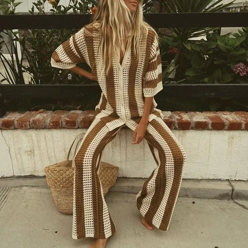 Summer V-neck Button Top & Wide Leg Pants Suits Spring Crochet Hollow Knitted Set Woman 2 Pieces Striped Print 3/4 Sleeve Outfit