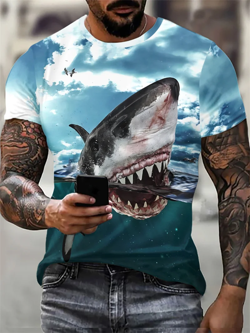 Shark Pattern Men\'s Beach Casual T-Shirts Summer Short Sleeve 3d Printed Street Hip Hop T Shirt 6XL Plus Size Loose Tops