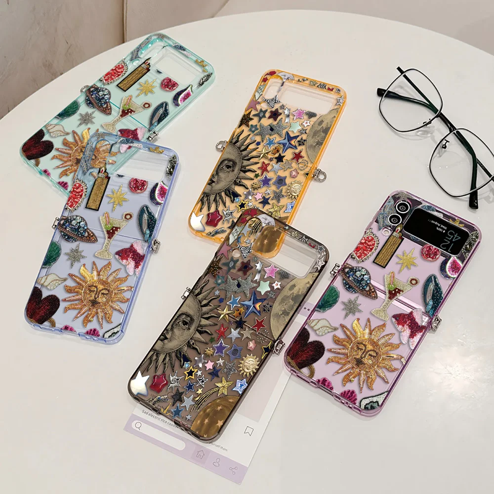 Luxury Abstract Sun Seascape Metal Connector Phone Case for Samsung Galaxy Z Flip3 Flip4 Flip5 Flip6 Flip7 Candy Color Soft TPU