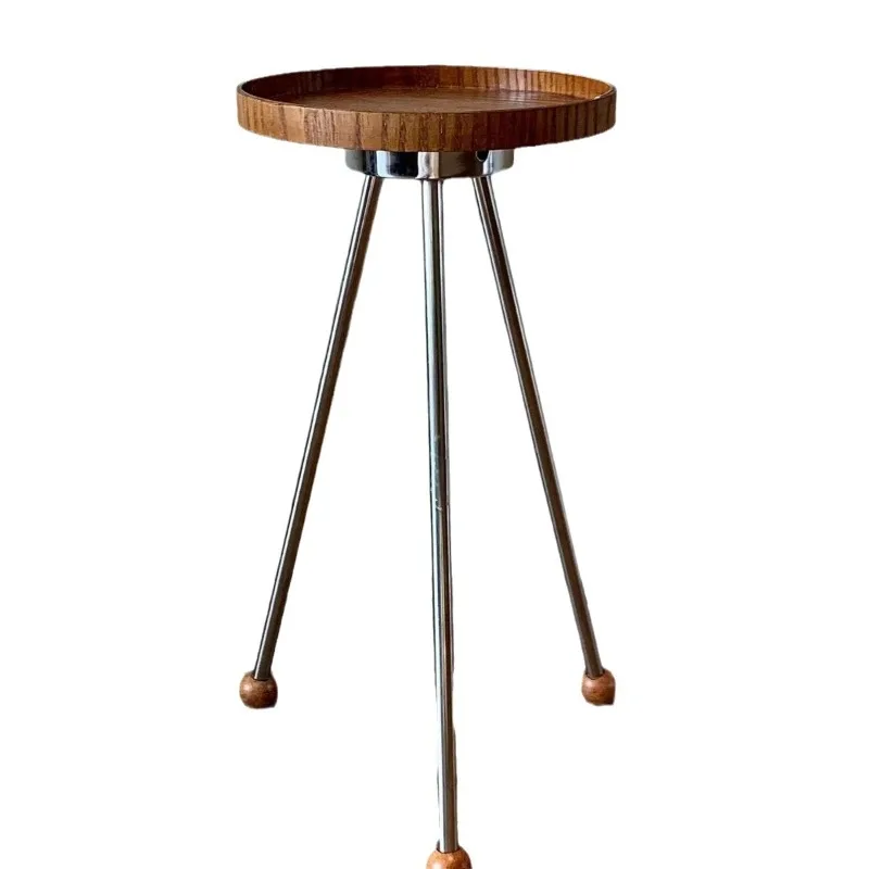 Medieval solid wood edge American cafe balcony small round table, homestay floor-to-ceiling stainless steel sofa table