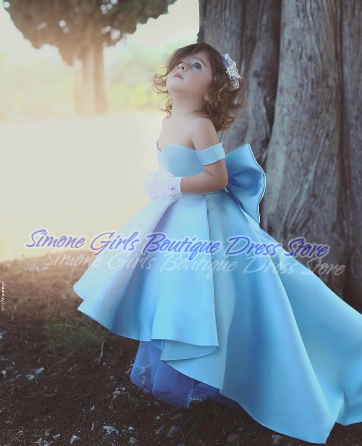 Satin Backless Bow Off shoulder Ruched Flower Girl Dress for Wedding Ceremonies Formal Receptions Dance Performances Parties