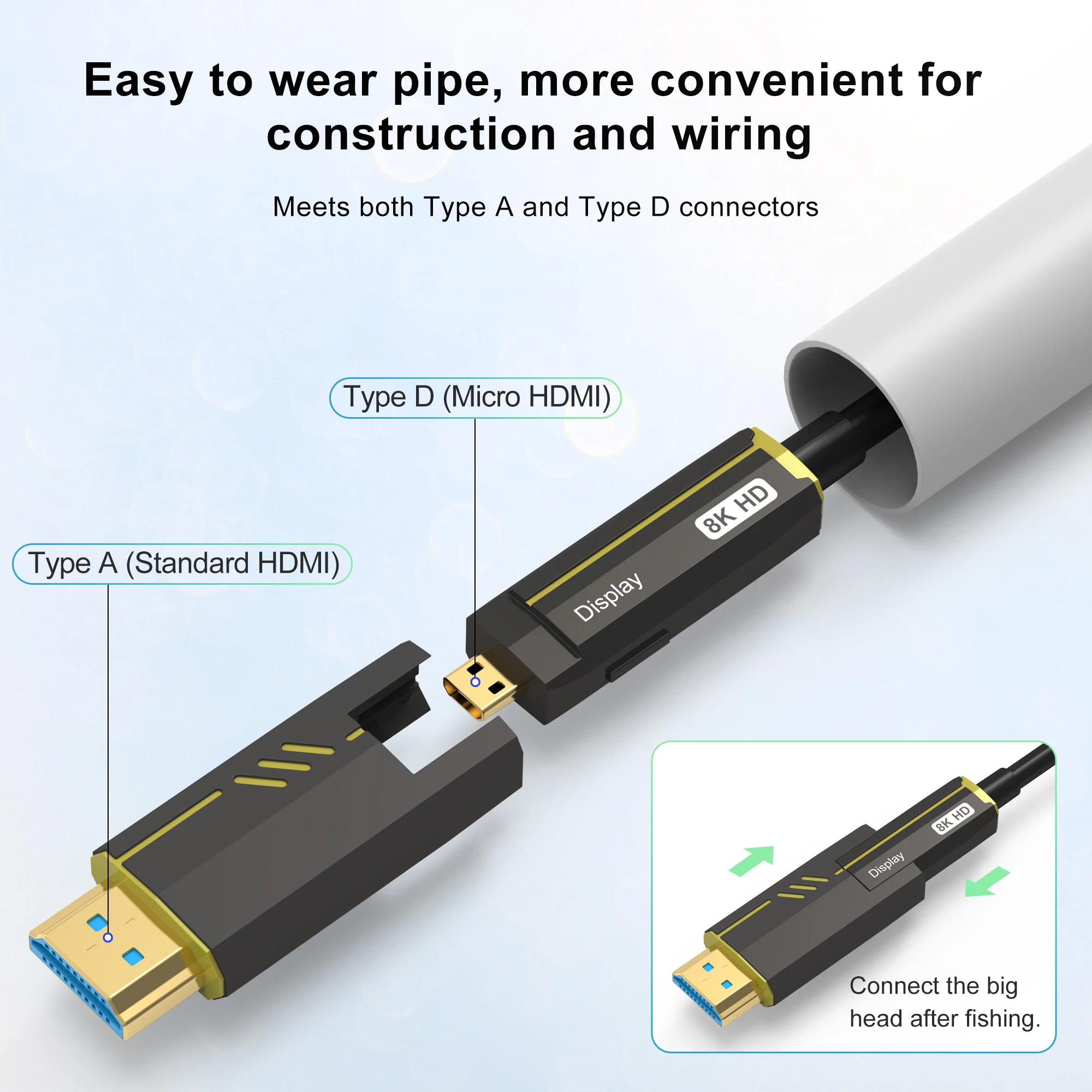 Single Head Pullable Tubeable Fiber Optical Cable Micro HDMI-Compatible 2.1 A to D type 8K@60Hz 4K@120Hz 48Gbps For PS5 HDTV Box