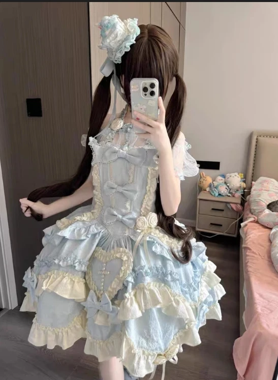 Blue Lolita Gothic High เอว Slim Elegant Bow คอชุดเจ้าหญิง Jsk Lady Party ชุดสั้น Vestidos Mujer