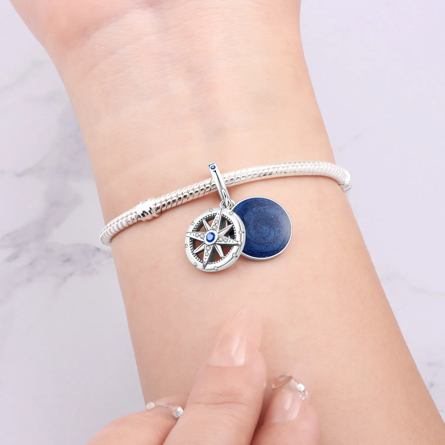 PANPOKI 925 Sterling Silver Blue Compass Charms Beads Pendant Fit DIY Bracelet Necklace Jewelry Souvenir Gifts