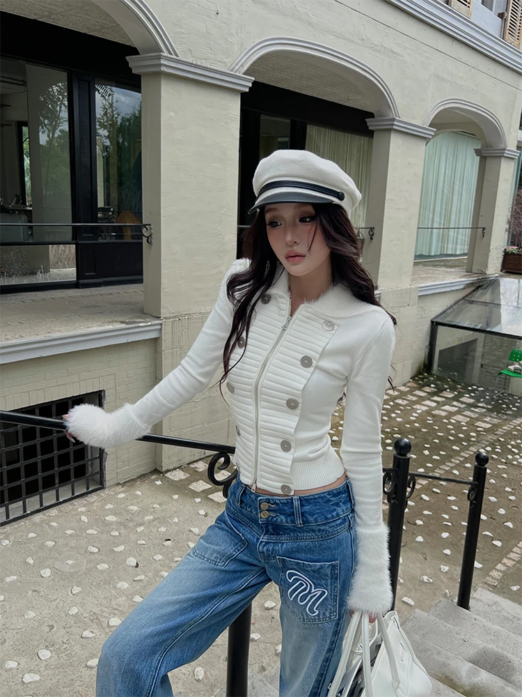 

HYTEMOLY двубортный облегающий свитер из искусственного меха в стиле ретро с отложным воротником и двойной молнией, женская мода