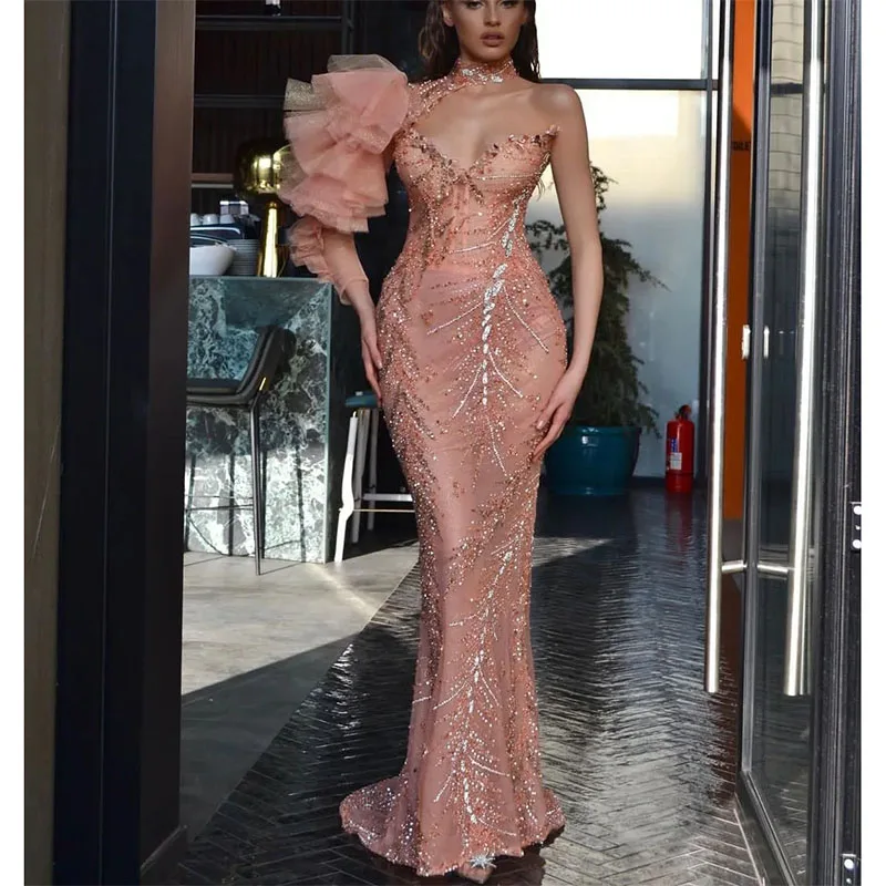 Pink Mermaid Evening Dresses One Shoulder Long Sleeve Beaded Appliques Sequins Lace Prom Dresses Floor Length Party Dress