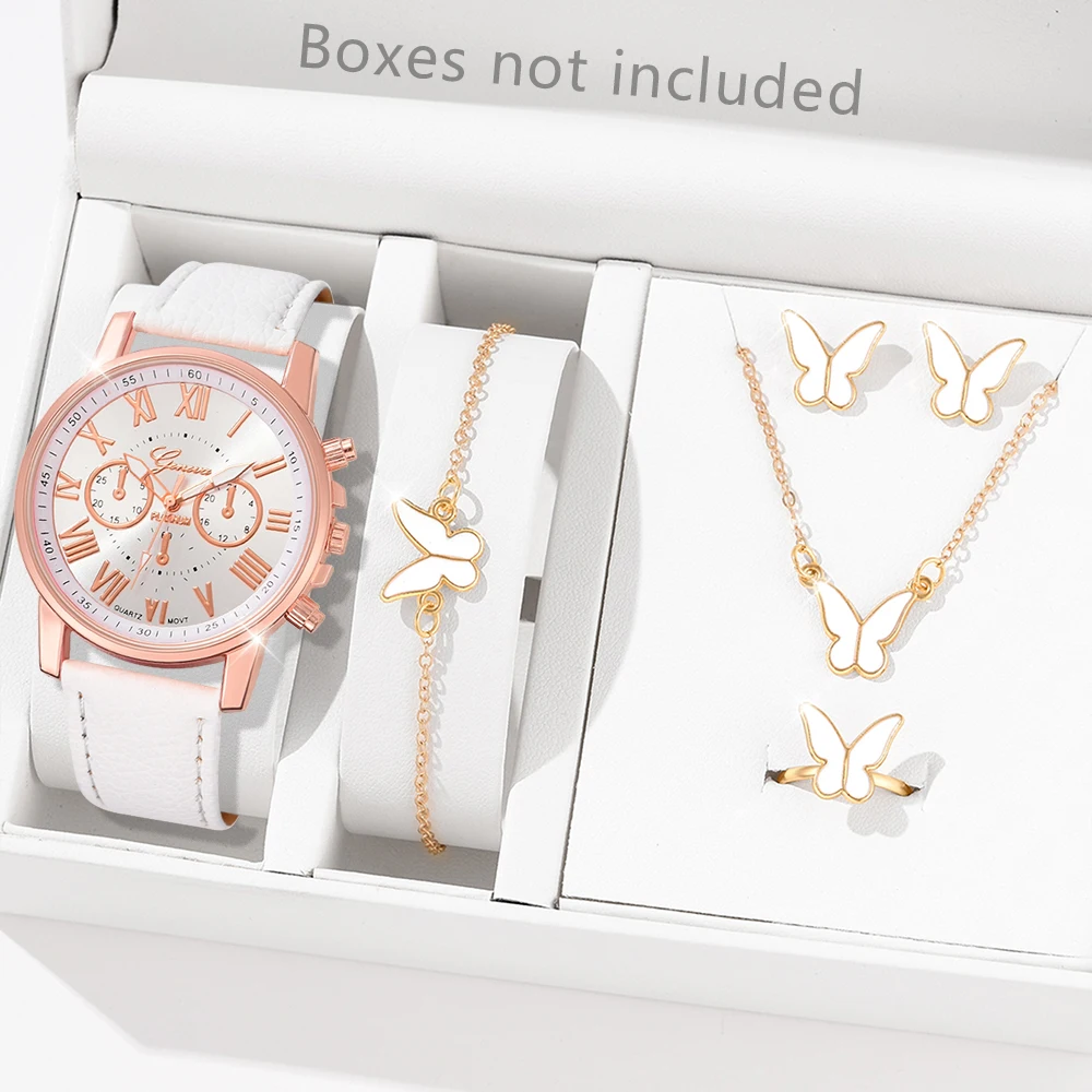 6PCS/Set Of White Women Watch Fashionable Quartz Wristwatch Simulated Roman Digital Watch Butterfly Jewelry Set Gift For Mom