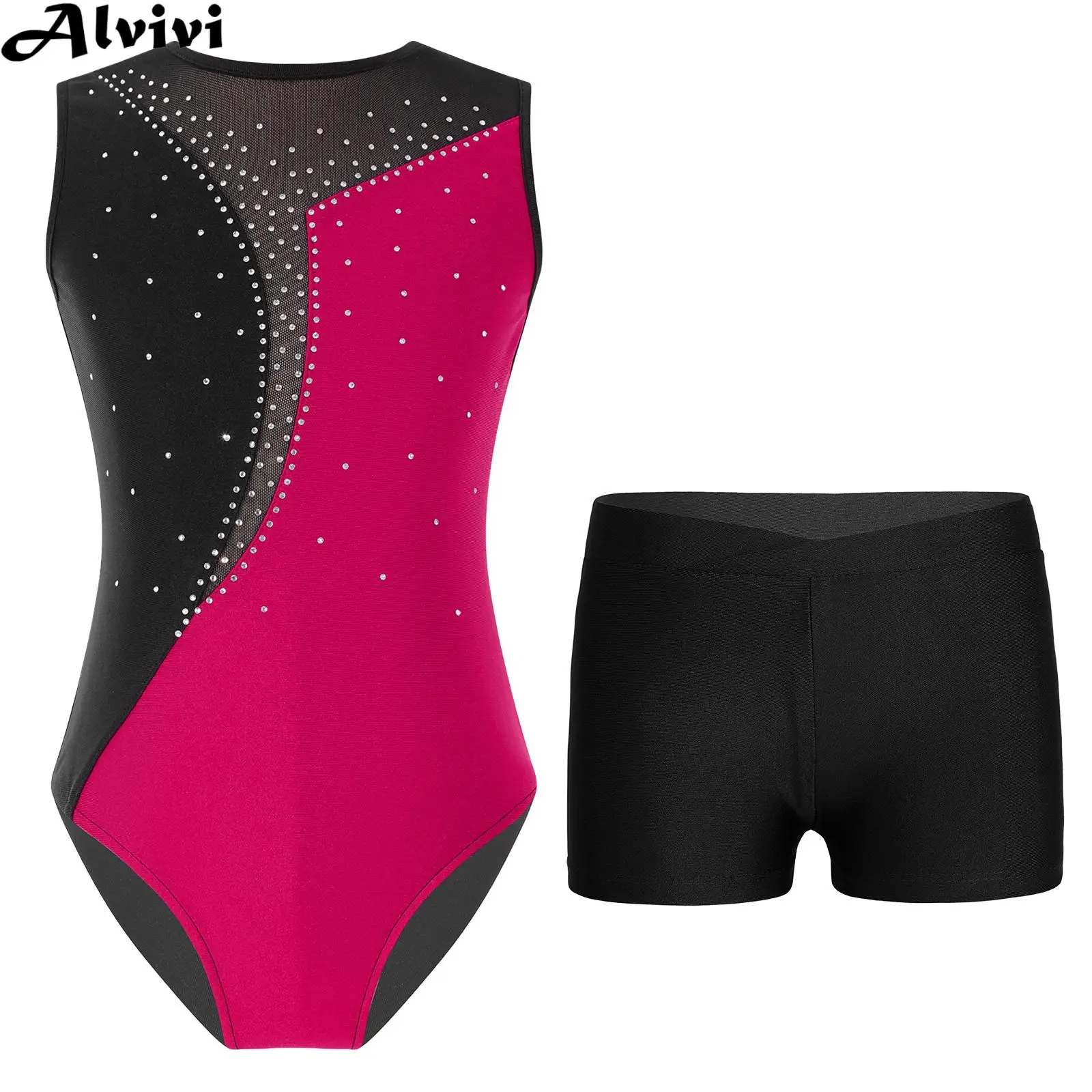 6-14Y Girls Ballet Dance Leotard Skating Gymnastics Costume Sleeveless Shiny Rhinestones Bodysuit with Shorts Swimsuit Dancewear