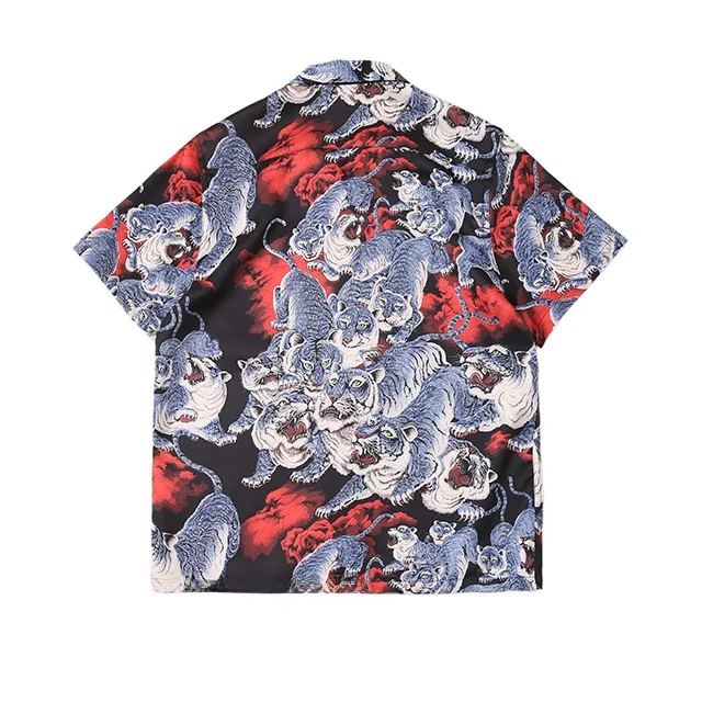 

Hawaii Aloha irts Cuban Collar Hundred Tiger Pattern Summer Casual ort Sve Men's irt Faionable Urban Daily Wear
