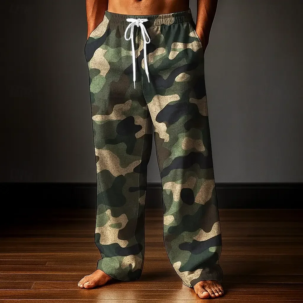 Drawstring Elastic Waist Loose Trousers Camo Print Full Length Casual Pants Relaxed Fit Streetwear Bottoms With Side Pockets
