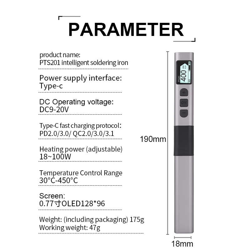 PTS201 Intelligenter elektrischer Lötkolben, 100 W, tragbare Mini-Lötstation mit schneller Heizung, universelle TS101/TS100-Lötkolbenspitze