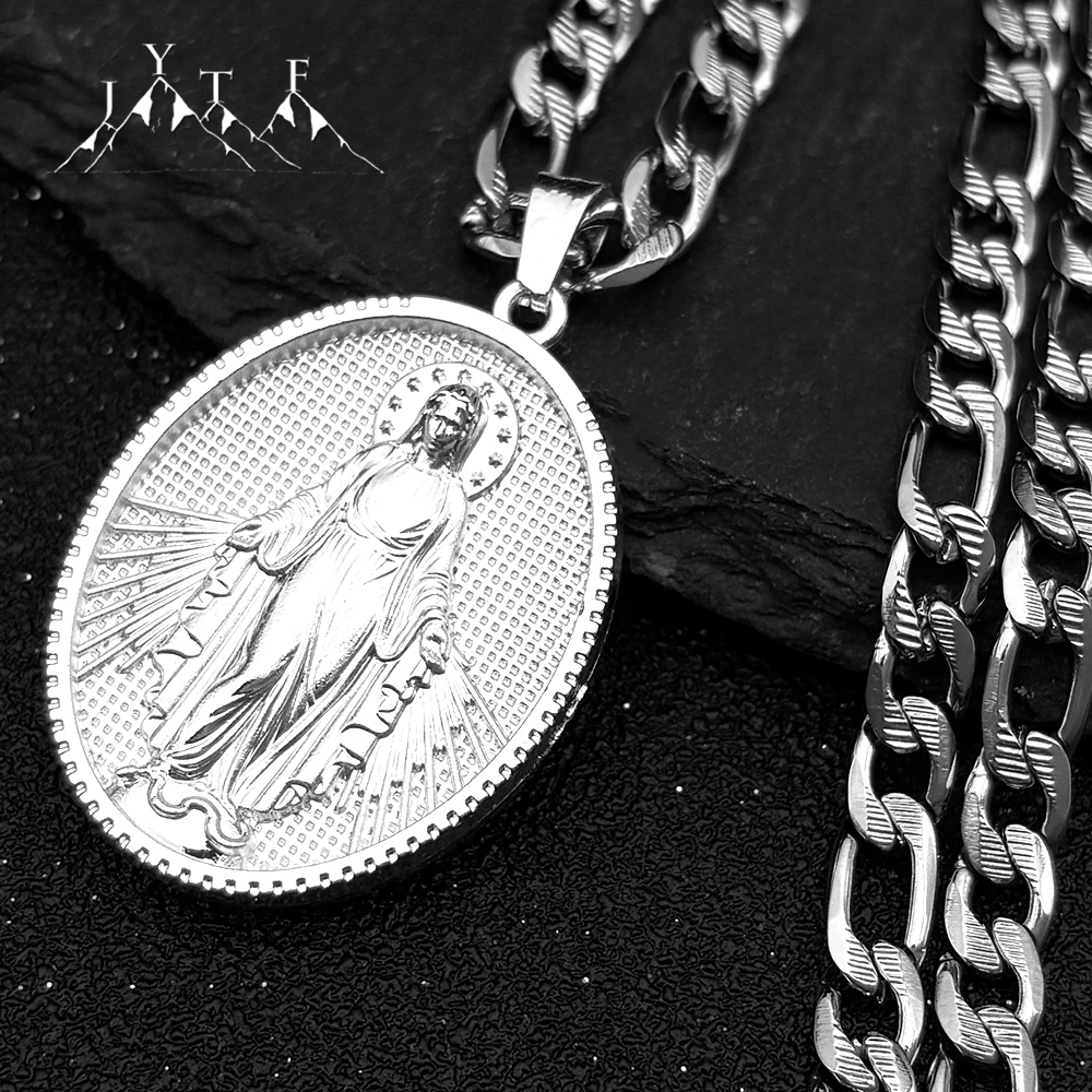 

Catholic Virgin Mary Pendant Necklace Women Men Silver Color Religious Faith God Stainless Steel Medal Hip Hop Jewelry Gifts