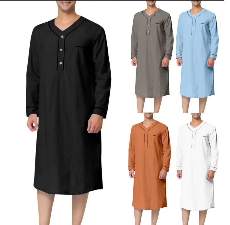 

2025 мусульманская удобная свободная однотонная мужская домашняя одежда средней длины, ночная рубашка