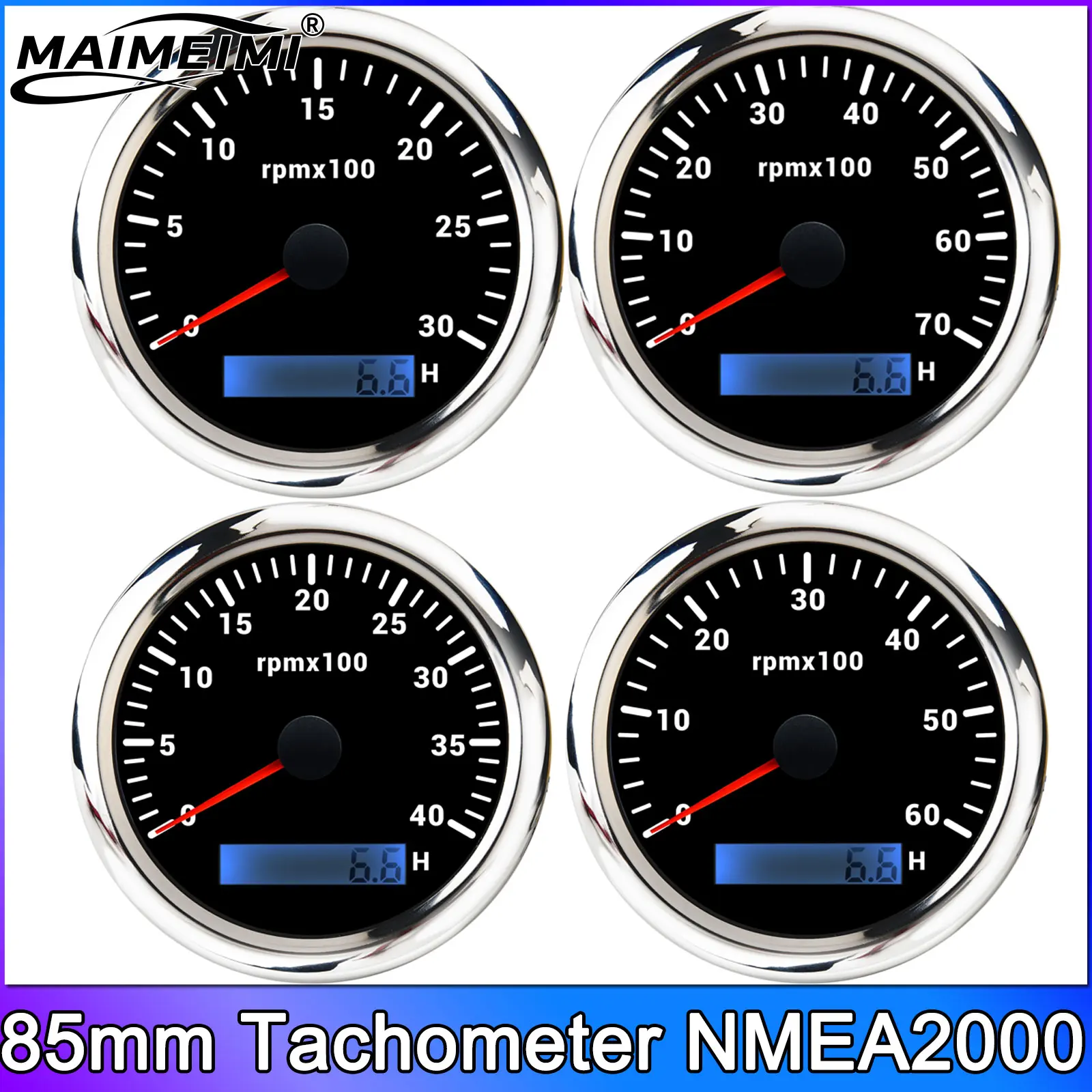 Tacómetro Marino Automático de 85 mm NMEA2000 3000/4000/8000/6000 RPM con Horómetro 12V/24V