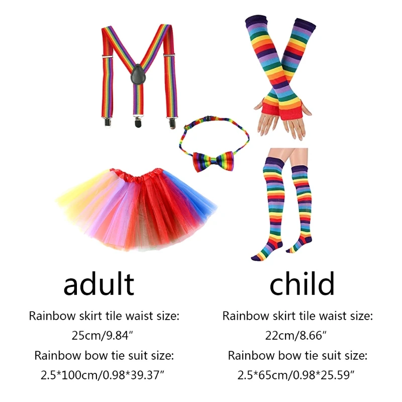 Cosplay Rainbow Costume Set Skirt Fingerless Gloves Socks Bowtie Suspender