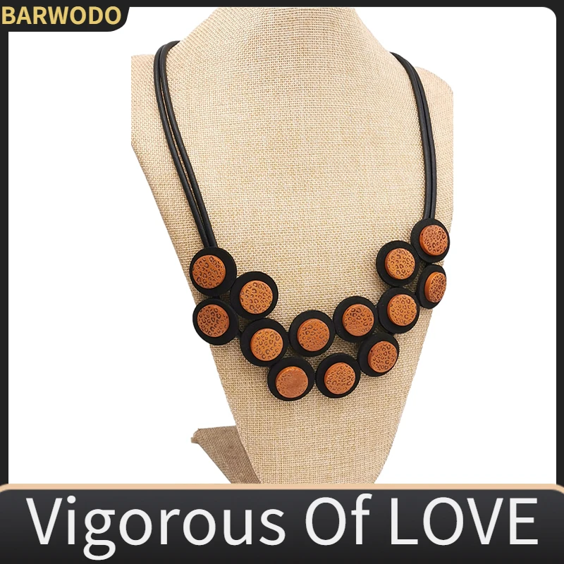 BARWODO Ethnic Handmade Necklace For Women Round Wooden Pendant Silicone Chains Choker Jewelry Statement Necklaces Gift