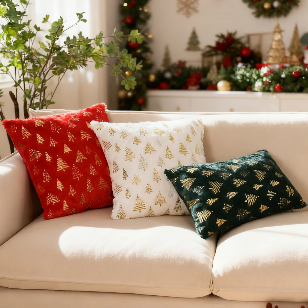 BUYNOW 1 STÜCK Samt Weihnachtsbaum Goldprägung Kissenbezug RotGreenWhite Wohnzimmer Sofa Quadratischer Kissenbezug Home Schlafzimmer Dekor
