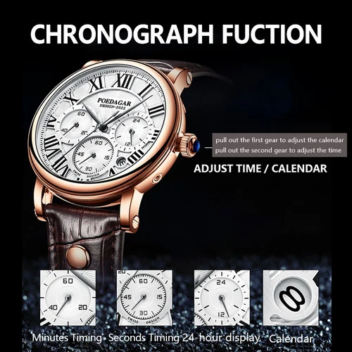 Imagen 2 del producto POEDAGAR, relojes de lujo para hombre, cronógrafo con fecha, Reloj de cuarzo para hombre, Reloj de pulsera de cuero resistente al agua a la moda para hombre de negocios