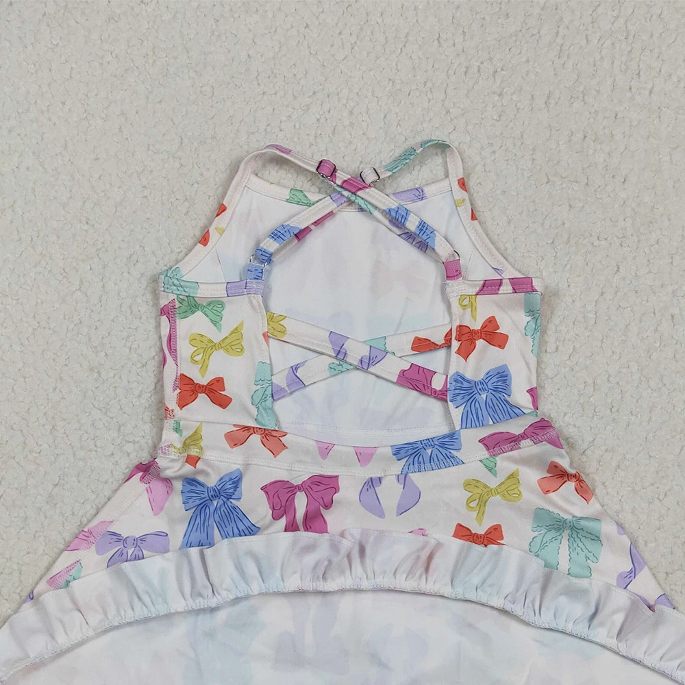 Baby Girls Yoga Ruffle Knee Length Dress with Colorful Bows Straps Kids Athletic Dress for Girls