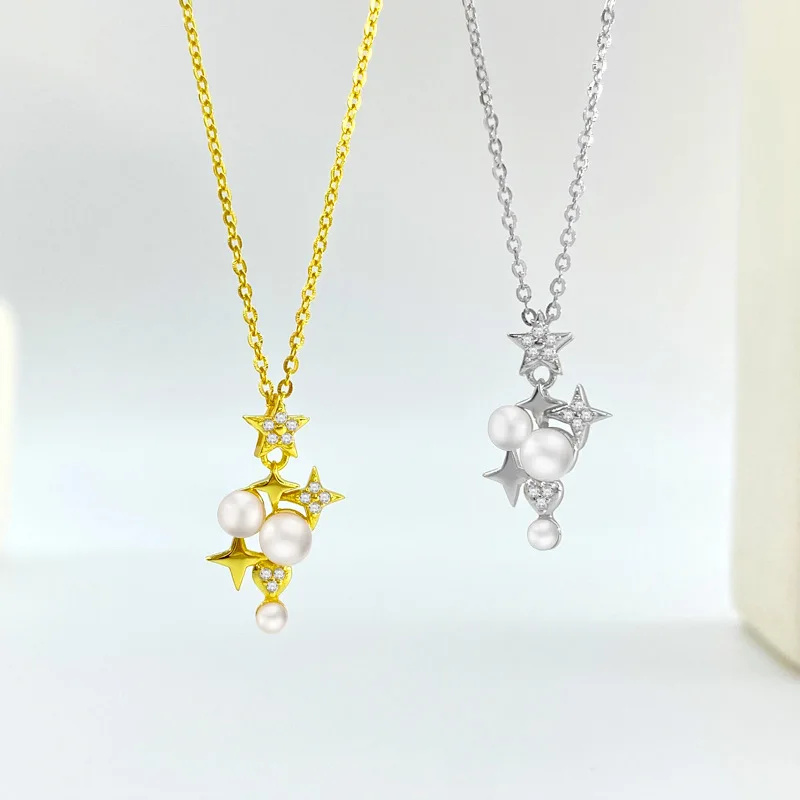 

Ожерелье из стерлингового серебра 925 пробы с блестящей звездой и жемчугом, женский аксессуар в стиле INS с нишевым дизайном, инкрустированный цирконом