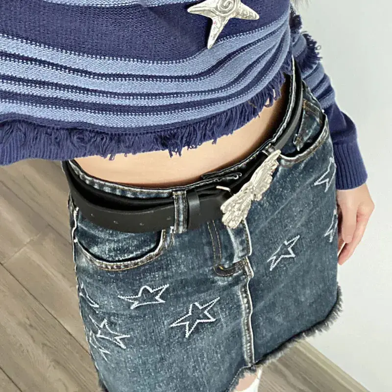 Retro American Style Embroidery Star Design Sense Fashion Denim Mini Skirt Women High Rise Retro Blue Skirt Big Size Korean