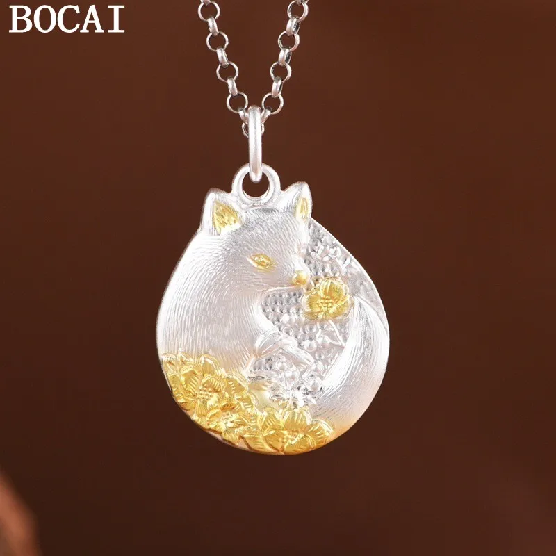 

BOCAI NEW S999 Pure Silver Is Simple And Elegant Gold-plated Double Sided Fox Pendant Women's Style