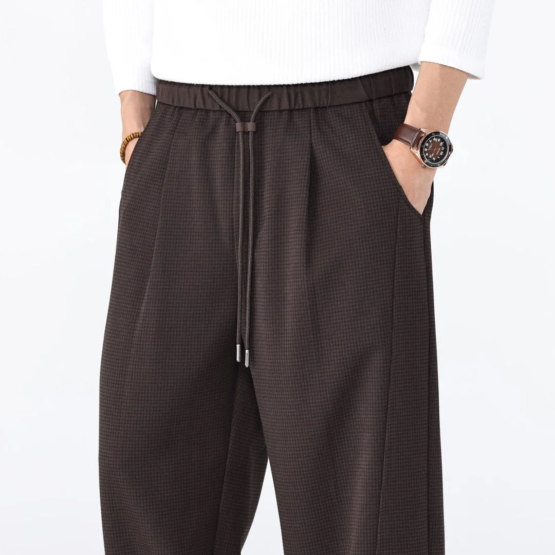 Houndstooth Elasticity Casual Pant Men Autumn Winter Fashion Vintage Loose Wide Leg Straight Pants Commuter Business Trousers
