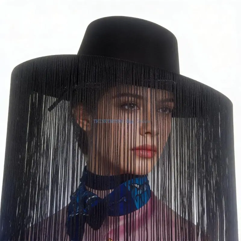 

340D Western Themed Hat White Pink Color Comfortable Breathable Cloth Flowing Fringe Detail Outdoor Party Essential