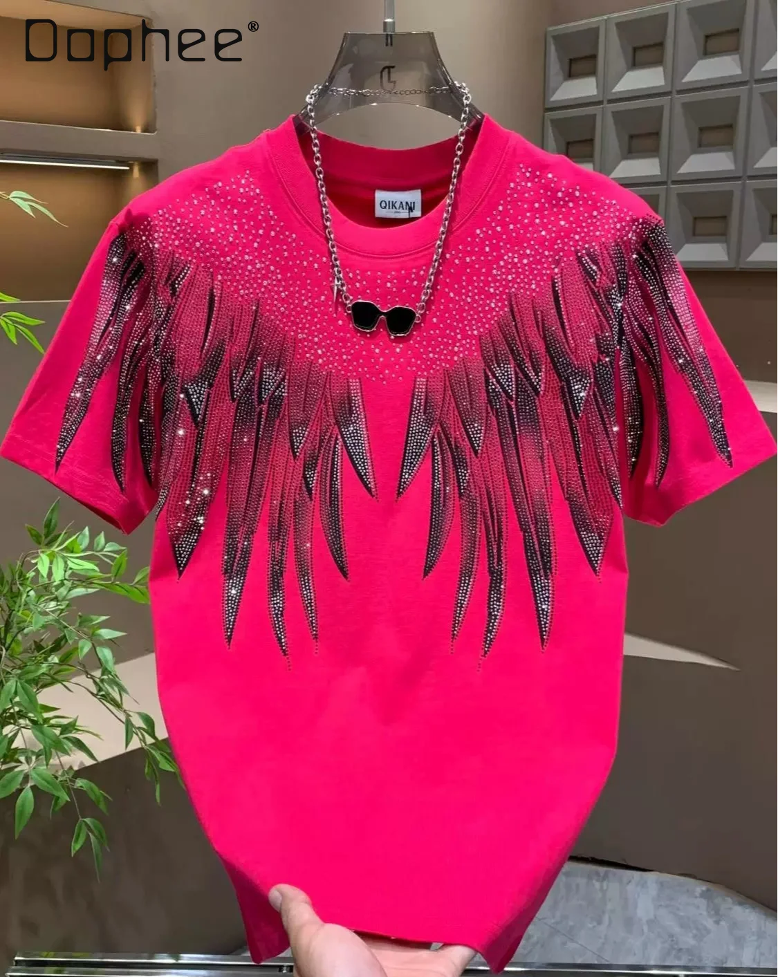 2026 Summer Men's Short-sleeved T-shirt American Trend Hot Diamond Wings Gradual Change Printing Round Neck Loose Casual Top Men