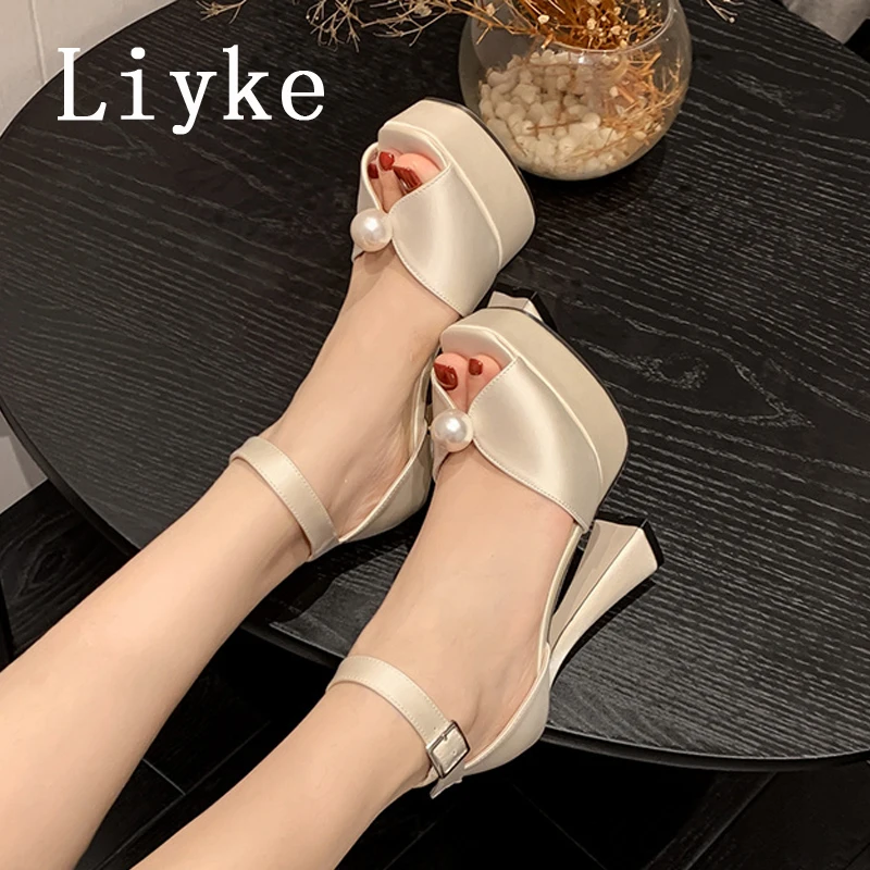 Liyke Sexy 13.5CM Super High Heels Platform Sandals Women Summer Fashion White Pearl Peep Toe Wedding Banquet Shoe Zapatos Mujer