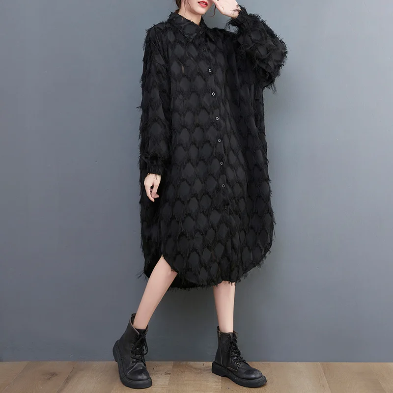 #3326 Black Green Fringe Dress Women Long Sleeve Loose Asymmetrical Shirt Dress Button Front A-line Midi Dress Ladies Thin Sexy