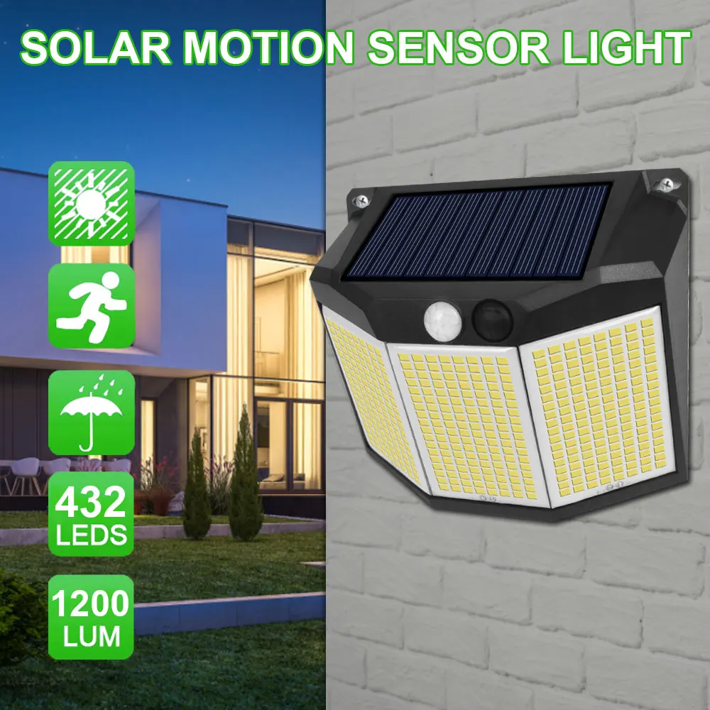 432 LED Solar Wall Lamp Motion Sensor Solar powered Light 3 Mode Waterproof Security Flood Lights for Outdoor Garden Garage Lamp