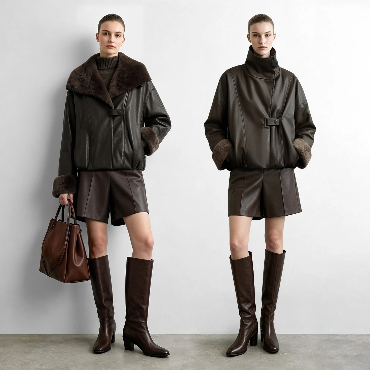 Amii Faux Leather Shearling Collar Jacket Biker Oversized Warm Commuter Minimalist Dark Winter 2026 Women's coat 12644005