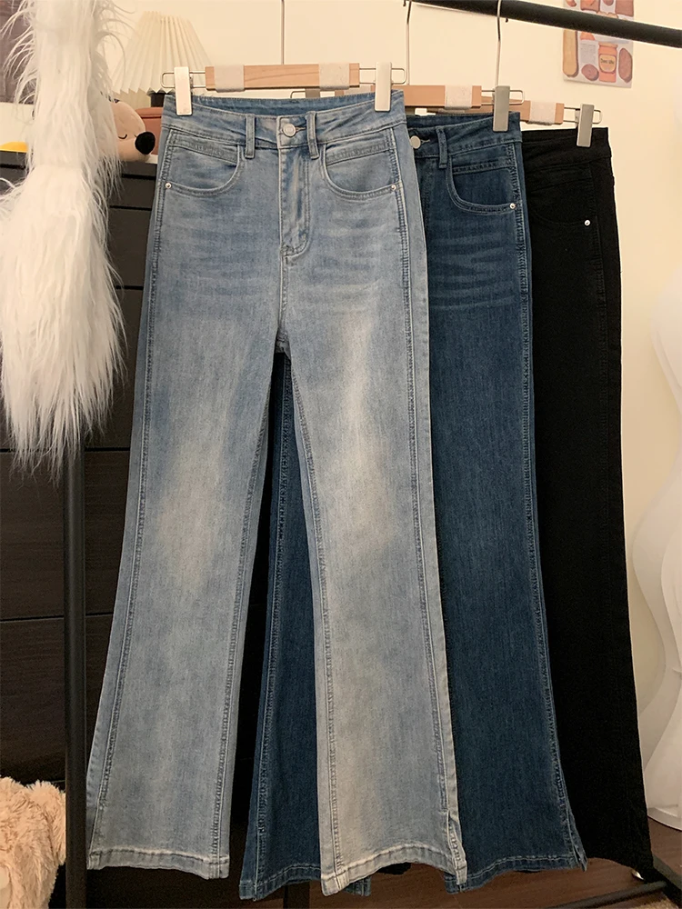 

Женские джинсы с высокой талией и широкими штанинами в стиле ретро, весенне-осенние, свободные, стройнящие, больших размеров, струящиеся, длинные, повседневные, из денима