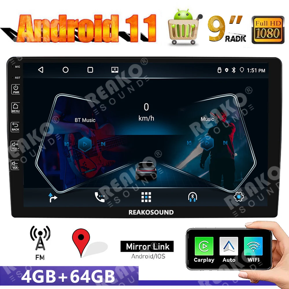 

REAKOSOUND 4G 64G Car Radio Wireless Carplay Android Auto 2 Din 9''/10'' GPS Navigator MP5 Player HD Screen Wi-Fi FM Car Stereo