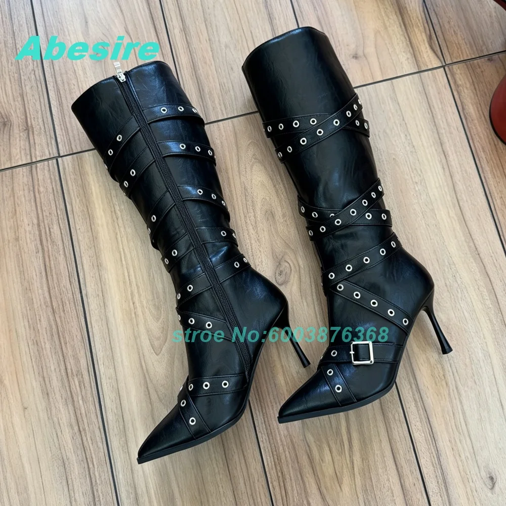 Black Pointed‑Toe Knee‑High Boots Lace‑Up Eyelet Strap Side‑Zipper Stiletto Heel Women's Boots Y2K Autumn‑Winter Fashion Shoes