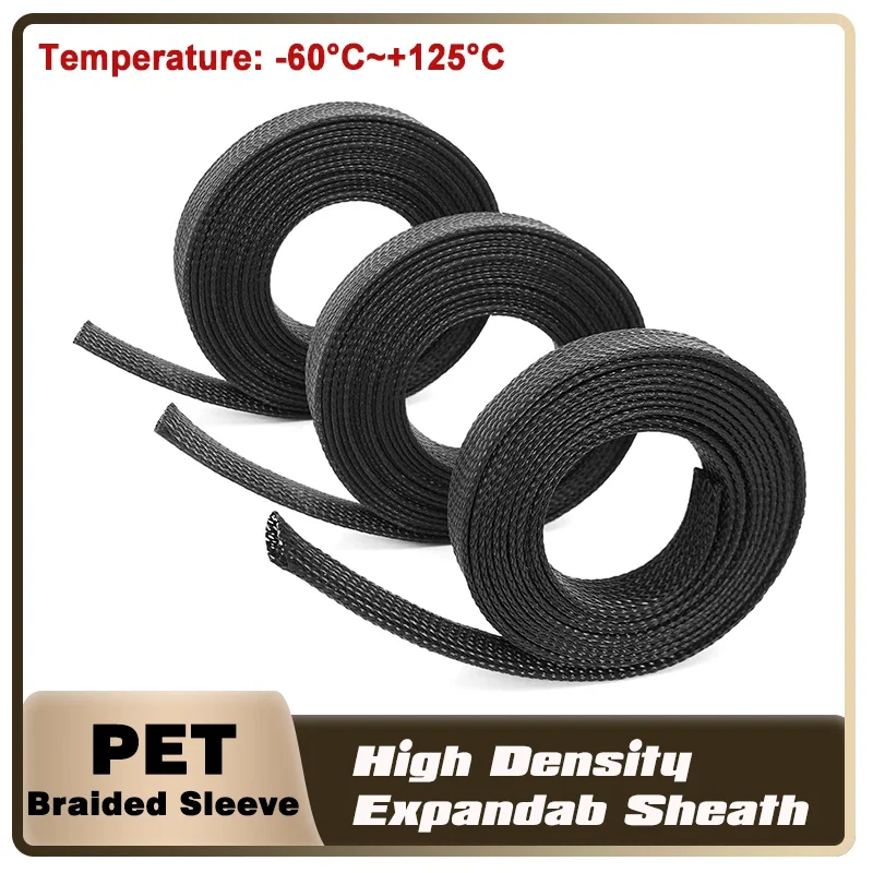 Black Wear Resistance PET Braided Sleeving ID 2mm~100mm Flexible Wire Mesh Sleeve for Automotive Industrial Home 5M/10M