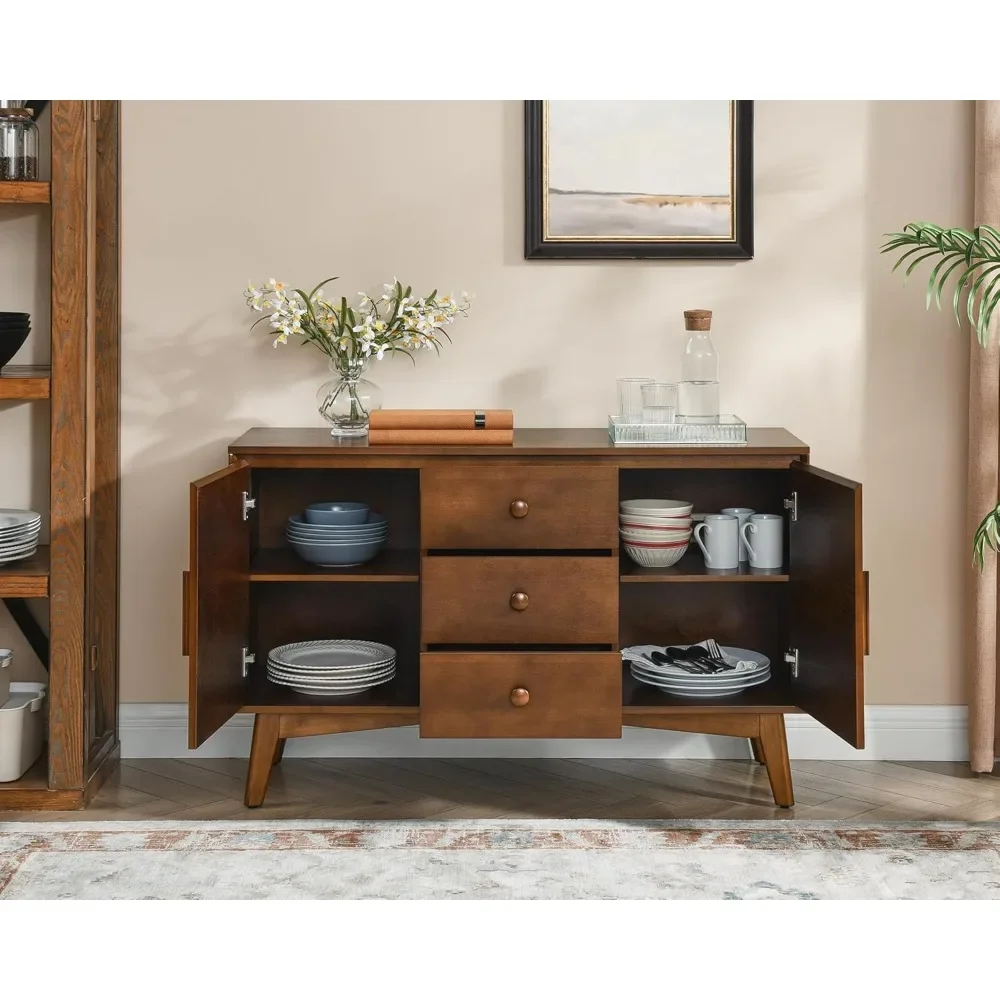 

47.3 Mid Century Modern Sideboard Buffet Cabinet with Solid Wood Frame & Legs, Accent Storage Cabinet with 2 Doors 3 Drawers