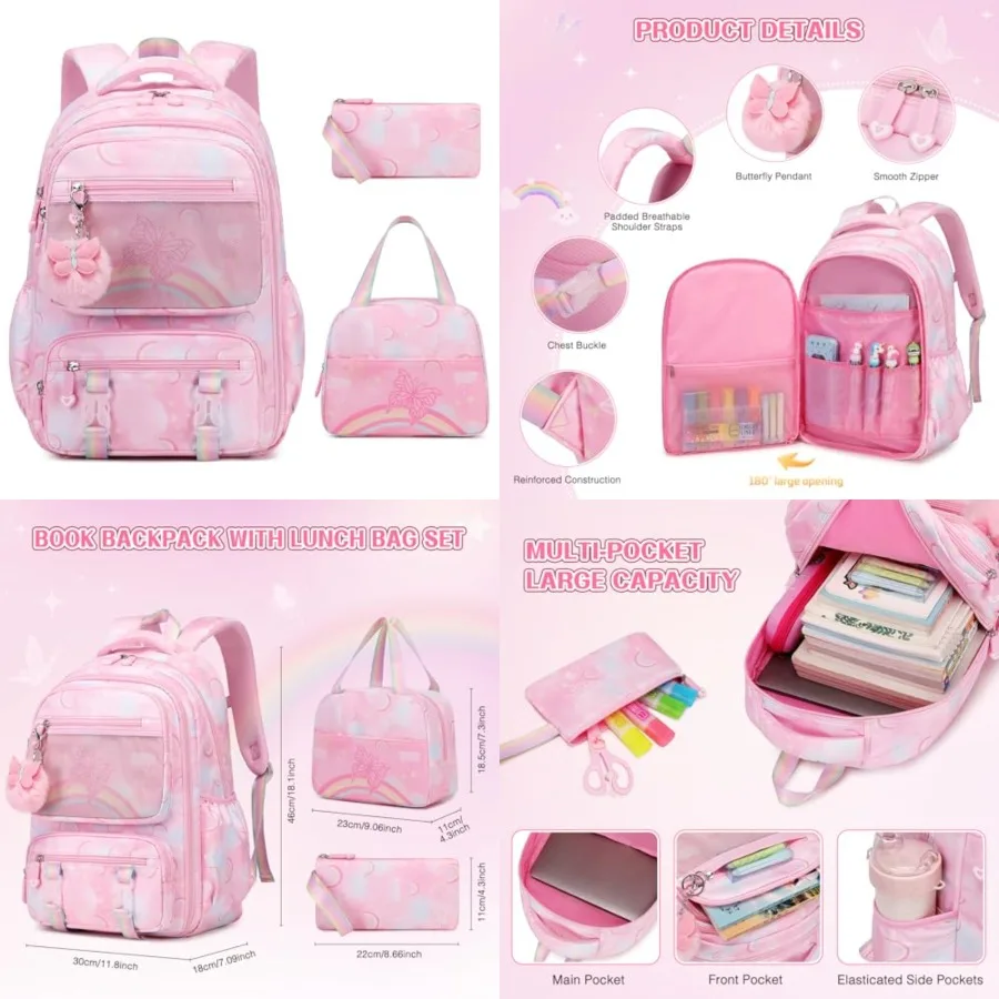 

Backpack for Girls, Rainbow Butterfly Girls Backpacks with Lunch Bag Pencil Case Set, Backpack Kindergarten Elementary Middle S