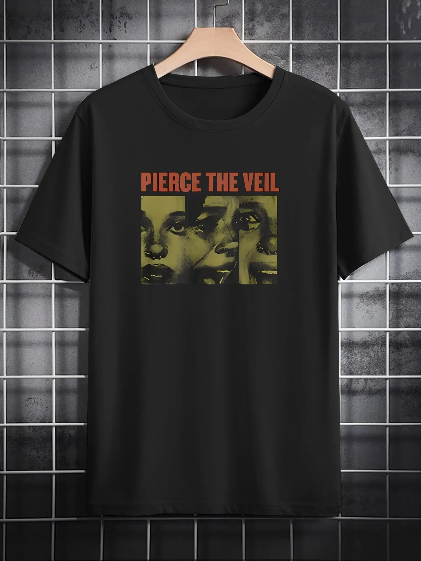 

[Polyester Tee] Black Polyester Men's Casual Round Neck T-Shirt | "Pierce the Veil" Graphic Print, Orange Text