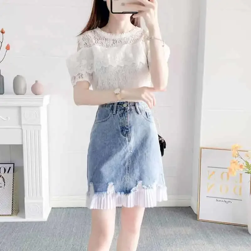 Women\'s Two Piece Set Denim Female Outfits Short Sleeve Lightly Cooked Skirt Luxury Designer Clothing Top and Bottom Co Ord Full