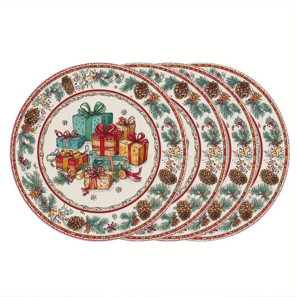 

VIKAMA 4PC Christmas Gift Box Meal Mat Pine Branch Deer Round Table Top Decoration and Accessories Party Decoration