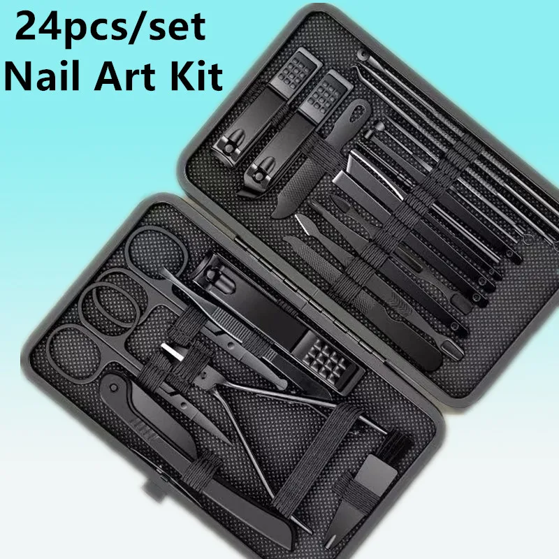 24pcs/set Black Manicure Cutters Nail Clipper Set Household Stainless Steel Ear Spoon Pedicure Scissors Tool For Beauty