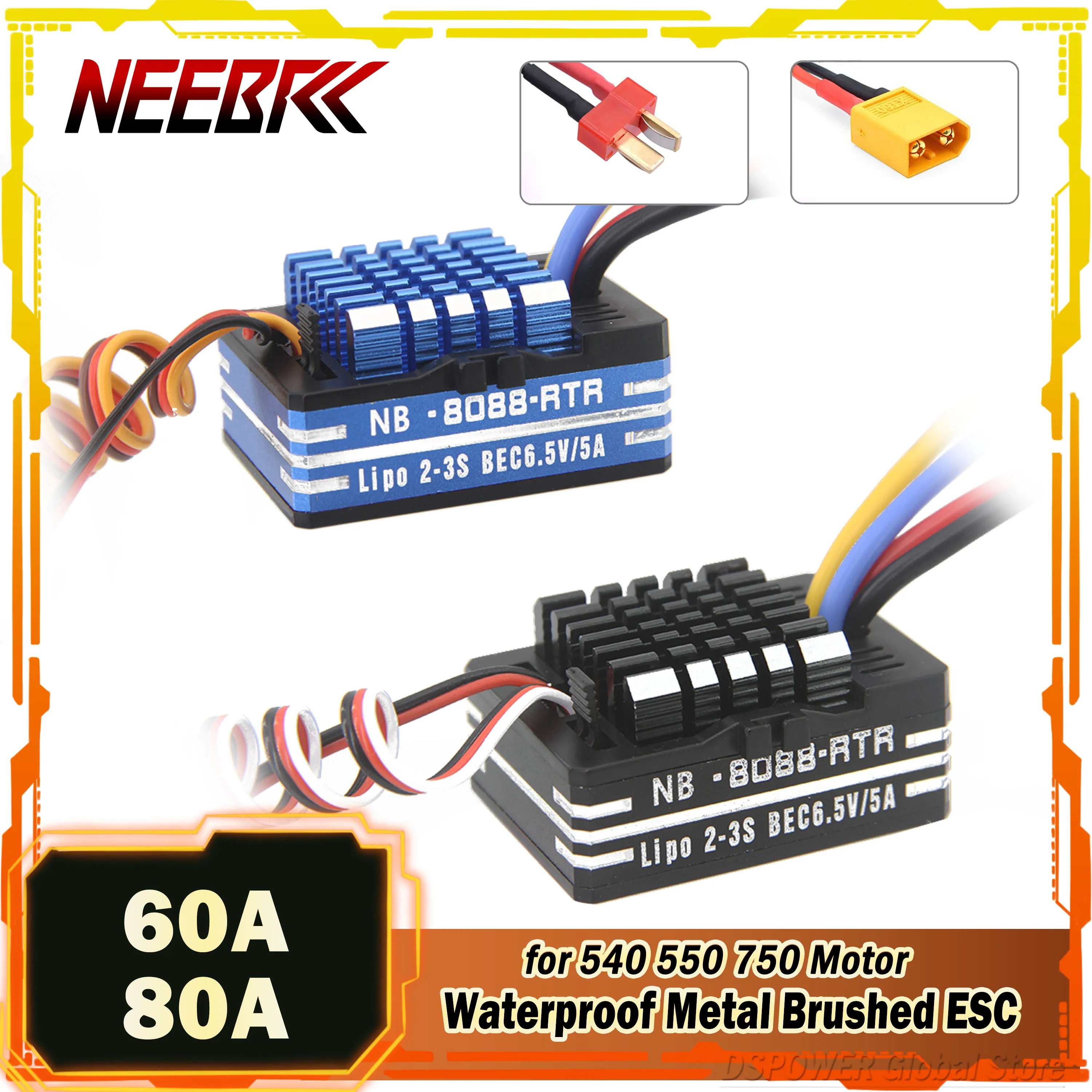 

NEEBRC 60A 80A Metal Brushed ESC Waterproof Speed Controllers 2-3S BEC 6.5V/5A for 540 550 750 Motor RC Vehicles Boat Tank Car