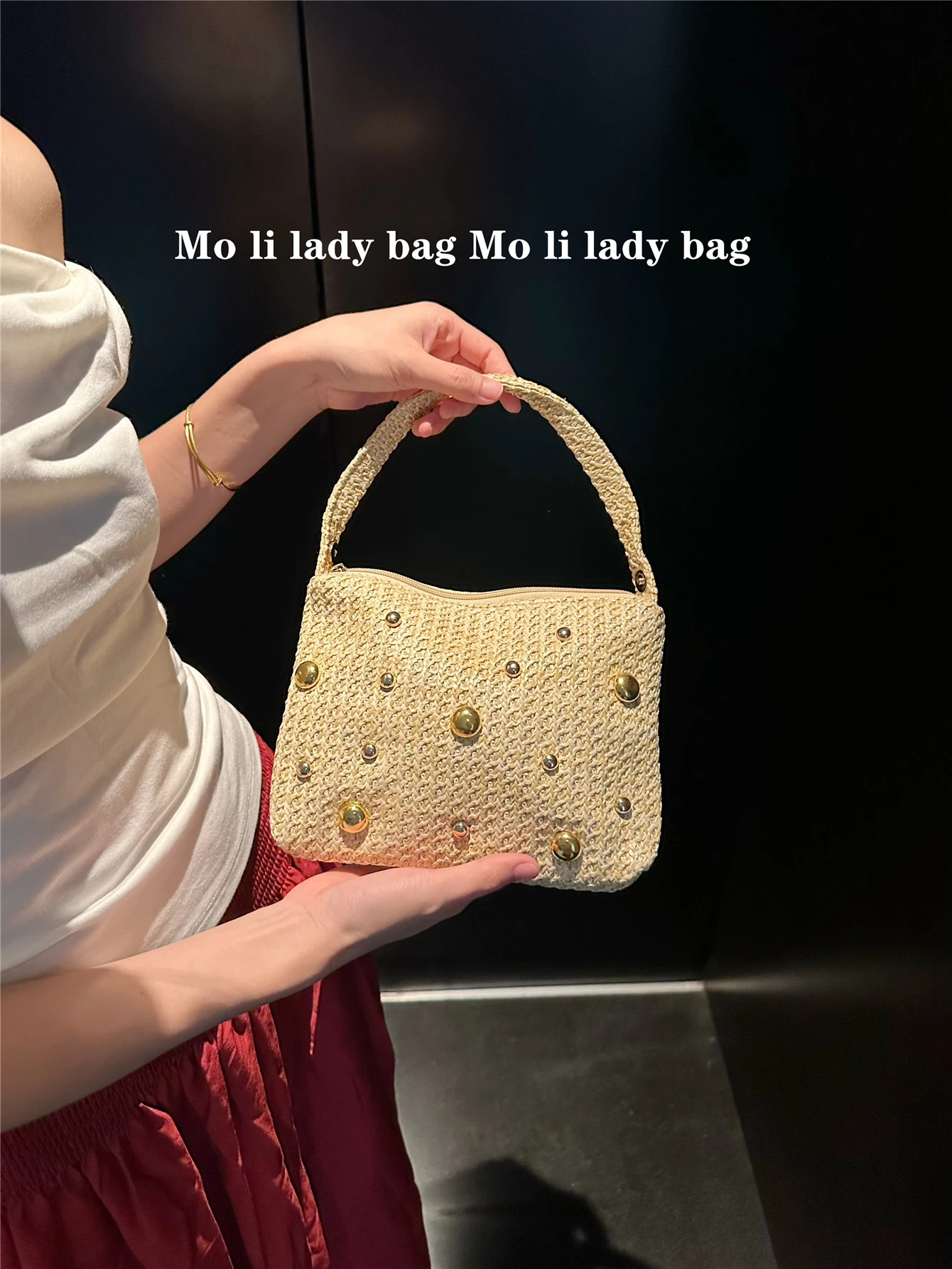 레트로 비즈 장식 골드 펄 밀짚 핸드백 작은 사각형 숄 - Women'S Young Bags 리뷰 및 가격