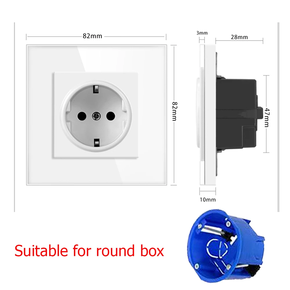 UBARO EU 82*82mm White Glass Panel Wall Socket Adapter Electrical Outlets For Round Box Pop Built-in Socekts Power Plug 250V 16A