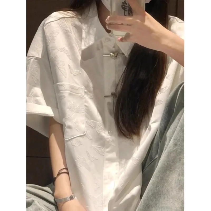 QWEEK White Oversized Short Sleeve Shirt Woman Chinese Fashion Button Up Blouses Summer Vintage Youthful Streetwear Aesthetic